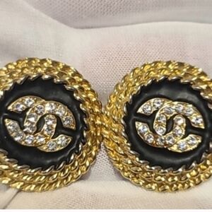 CHANEL Black and Gold Crystal CC Button Earrings